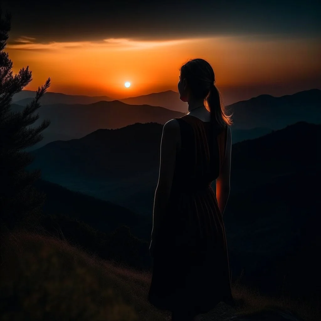 dark night, watching a woman from behind wearing a sleeveless dress who is watching a beautiful orange sunrise in the distance, mountains and forests around