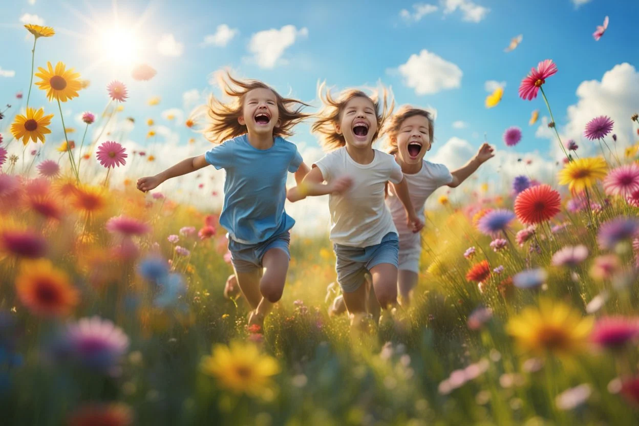 children run and laugh in the summer meadow, surrounding colors flowers, meadow, Happy and harmony vibe, blu sky and the little wind. high detailed, sharp focuses, photorealistic, cinematic