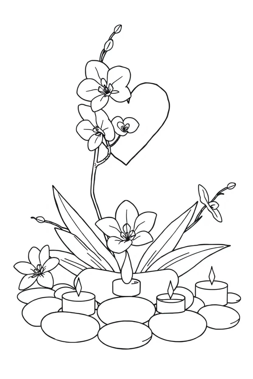 outline art for visually rich appealing tall ikebana heart orchids plumeria spa rounded stones around candles, coloring page for kids, white background, fit to page, only use outline, clean line art, no shadows, clear and well outlined