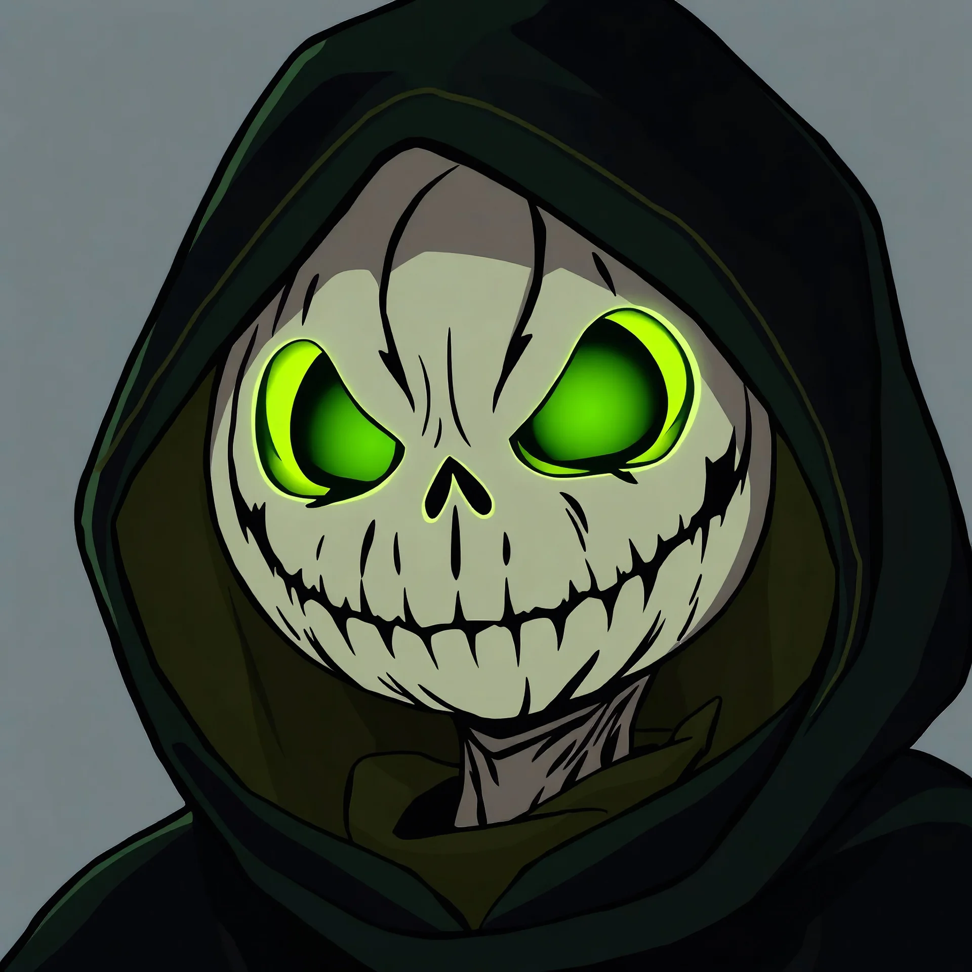 jack o lantern head with a dark green hood cloak in anime style