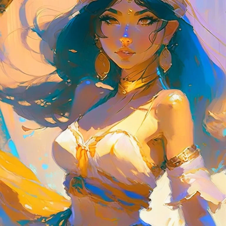 cute anime disney princess jasmine, key visual, glamour,sceane from princess mononoke movie, cute anime girl, dynamic pose, anime digital painting by loish + rossdraws + Pino Daeni, brush strokes, painterly, impressionist style, half painted, golden hour