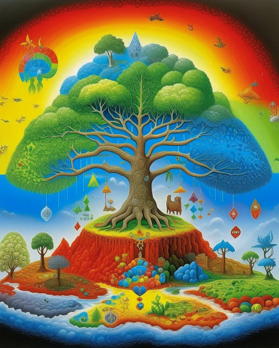 A rainbow kingdom with elements, tactics, and biology designed in native American petroglyphs painted by Rene Magritte
