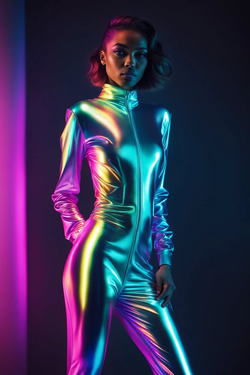 A luminescent young woman, clad in futuristic iridescent jumpsuit attire, strikes a pose for an editorial photo. Exuding neon aesthetics, the rim light highlights her figure, exposing a portion of her body. The image captures her striking presence, with sleek and modern clothing contrasting against the dark backdrop. The high-quality photograph radiates a sense of power and style, drawing viewers into the futuristic world of the model's attire. She is in the middle of lab setup