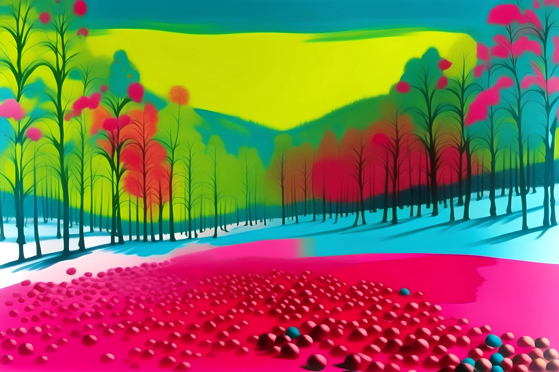 A winter season land made out of candy painted by Andy Warhol