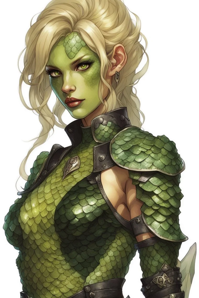 female snake humanoid, green scales, wearing a black leather armor, dungeons and dragons