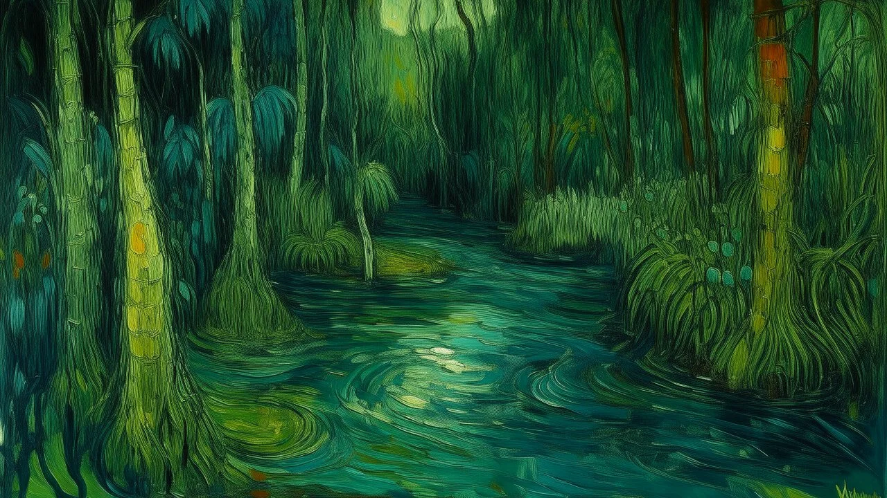 A bluish green spooky poisonous swamp in a jungle painted by Vincent van Gogh