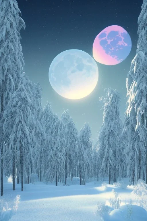 1980's aesthetic vaporwave palm trees with lighting with moon in the winter snow