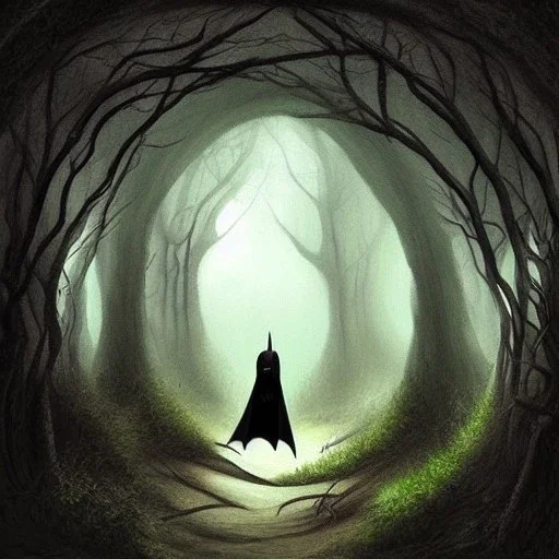 dark knight, cave, tunnel, fantasy art, painting, creepy trees