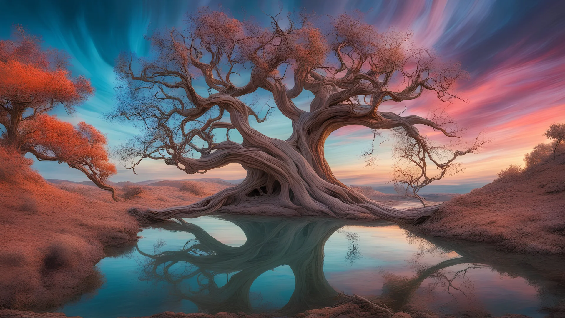 A colorful, surreal landscape with a twisted, gnarled tree in the foreground. The tree's branches extend across the frame, creating an abstract, dreamlike composition. In the background, there is a body of water reflecting the vibrant colors of the sky and surrounding environment