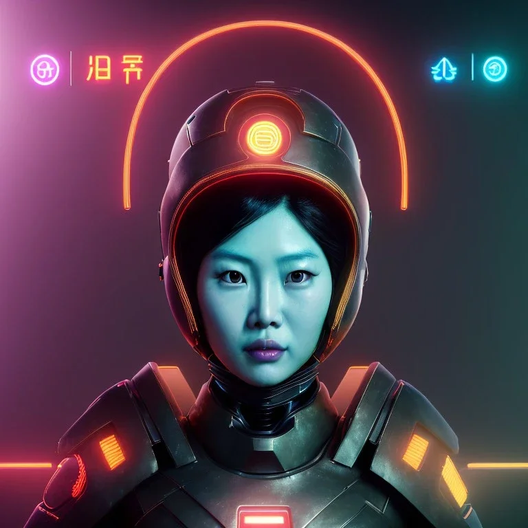 Asian cyber woman, sci-fi, rounded face, black, gold, brown, samurai helmet, retro, simetric, circuits, neon style, a lot of led lights, fog, rain, leather, vibrant color, highly detailed, art stations, concept art, smooth, unreal engine 5, god rays, ray tracing, RTX, lumen lighting, ultra detail, volumetric lighting, 3d, finely drawn, high definition, high resolution.