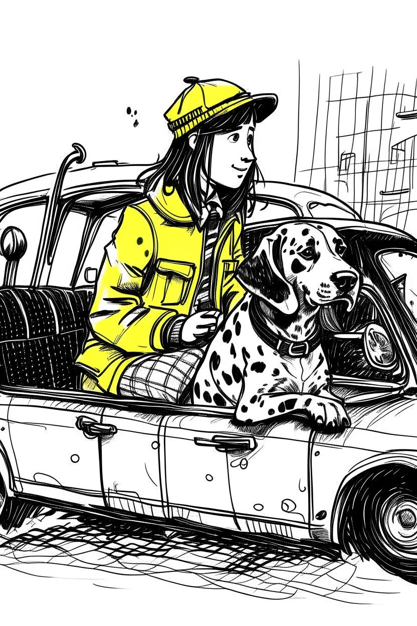 Ink sketch of a dalmatian dressed as a black cab driver resting one hand on the driving wheel and a young girl wearing an anorak sitting on the back seat