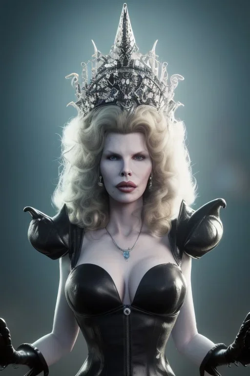 Kim Basinger as evil queen in black leather, busty, cleavage, curvy, angry, happy, stern look. character design by cory loftis, fenghua zhong, ryohei hase, ismail inceoglu and ruan jia. unreal engine 5, artistic lighting, highly detailed, photorealistic, fantasy