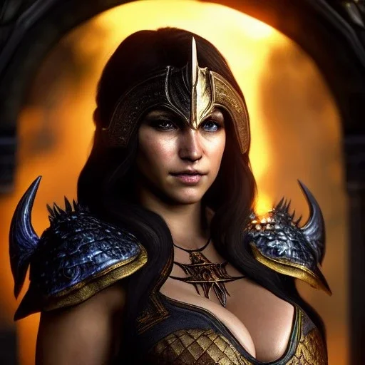 ultra detailed fullbody Portrait in oil on canvas of a beautiful busty woman with Skyrim Dragon priest mask and armor,extremely detailed digital painting, extremely detailed face,crystal clear Big eyes, mystical colors ,perfectly centered image, perfect composition,rim light, beautiful lighting, 8k, stunning scene,extremely sharp detail, finely tuned detail, ultra high definition raytracing, in the style of robert e howard and pablo oliveira and Ken Kelley and Ohrai Noriyoshi and Simon Bisley