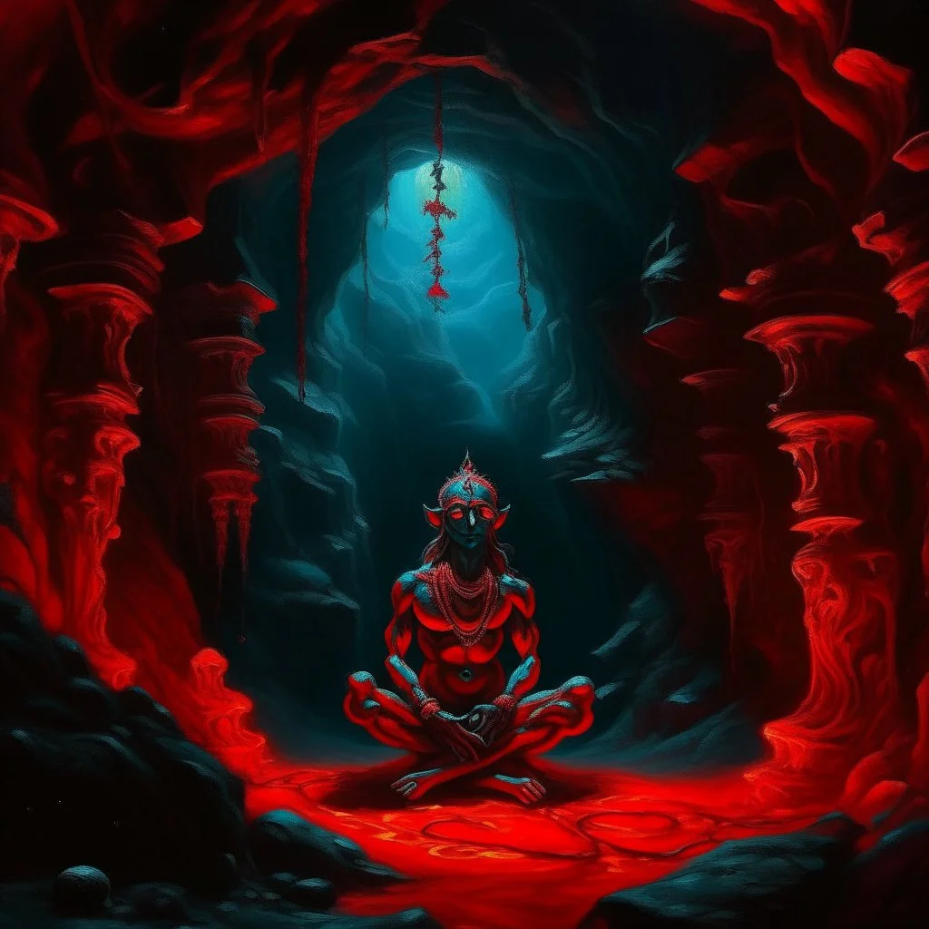 An oil painting of Hindu god YAMA in a cave, neon red colors, high detail, dark vibe