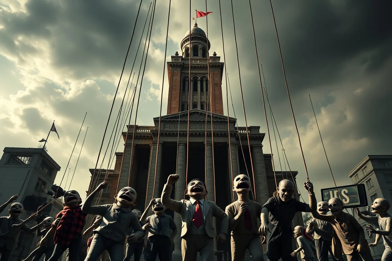 a cruel oppressive government towers above, pulling the strings of puppets below, the news media happily broadcasting the puppets' suffering everywhere, dystopian, dread, horror