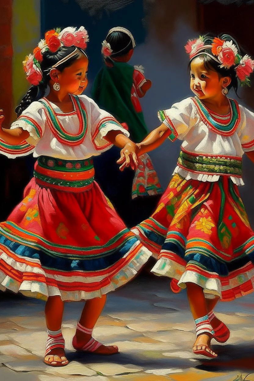 2 maxican childeren dancing traditional clothes painting neoclassism in a traditional