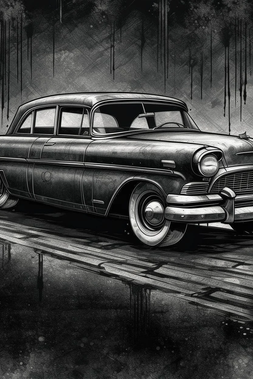 An old classic car 1900 a side view , Hyper Realistic Aerial Grungy Dark-Grey Brush strokes on a dark rustic background with charcoals