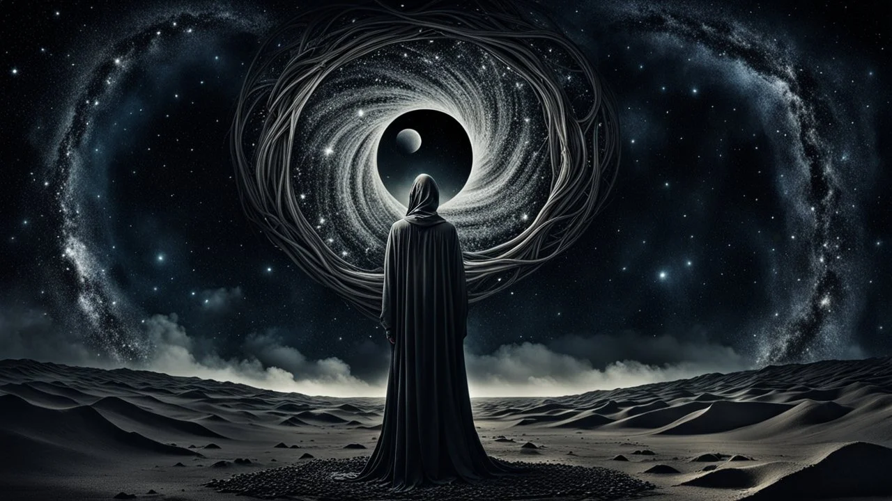 Melancholy, surreal portrait of a person whose heart has become a small black hole, silently absorbing stars, memories and fragments of dreams, standing beneath an infinite night sky, poetic sadness, existential loneliness, dark surrealism, cinematic shadows, muted colors, emotional fine art, haunting beauty