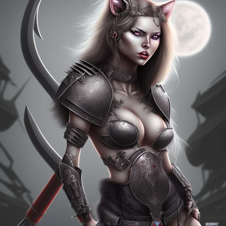 Sexy female warrior cat eyes full body battle background