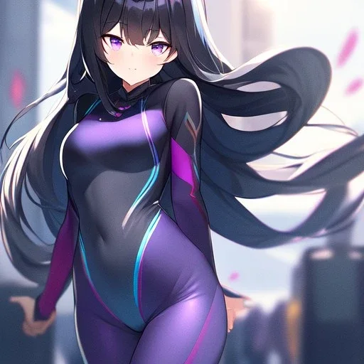 Clear focus,High resolution, Black long hair, Purple eyes, Wearing a tight swim suit, blurry background