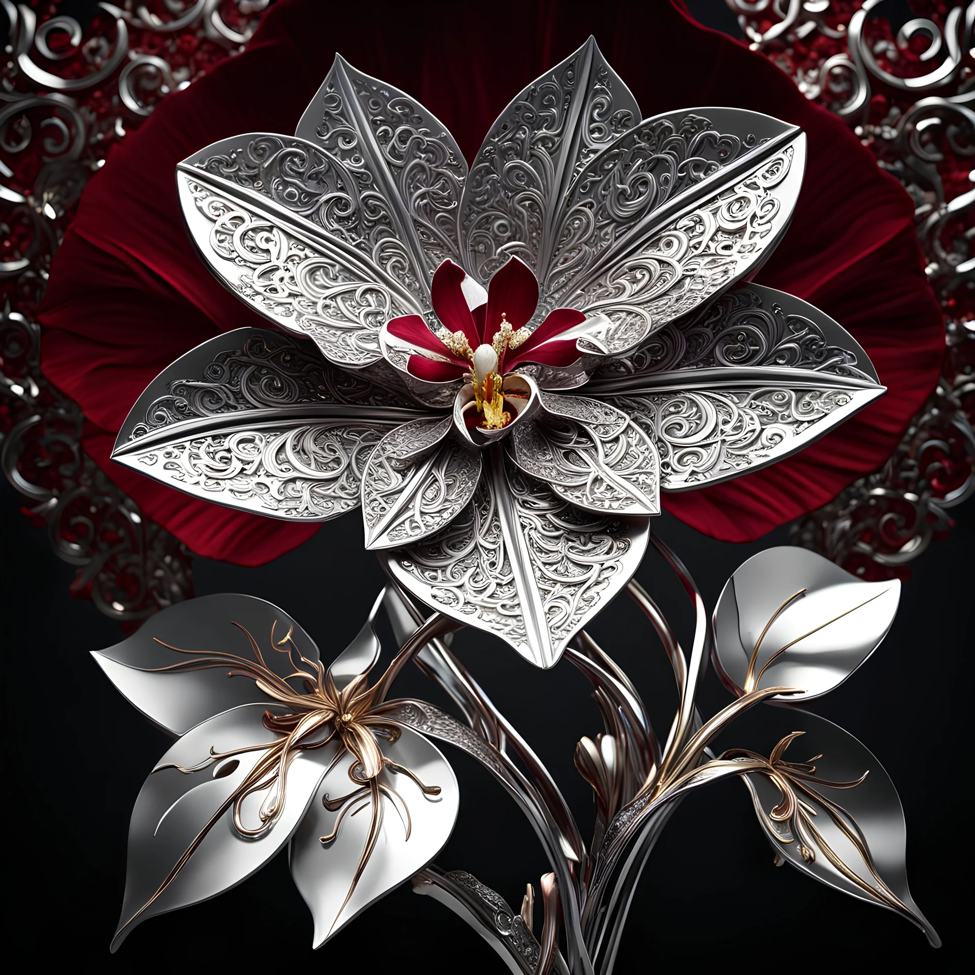 award winning photograph of a Stunning filigree METAL Orchid with reflective metal white-silver petals and platinum metal leaves, dramatic crushed dark red velvet backdrop, perfect showroom lighting, cinematic shot fitting of a jewelry magazine, dark space sky, intricate mech details, ground level shot, 64K resolution, Cinema 4D, Behance HD, polished metal, ultra maxamalism