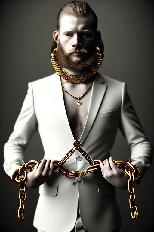 Viking BDSM style, 8K, a Highly detailed portrait of a man holding a submissive woman in a chain, white suit, beard, and short hair