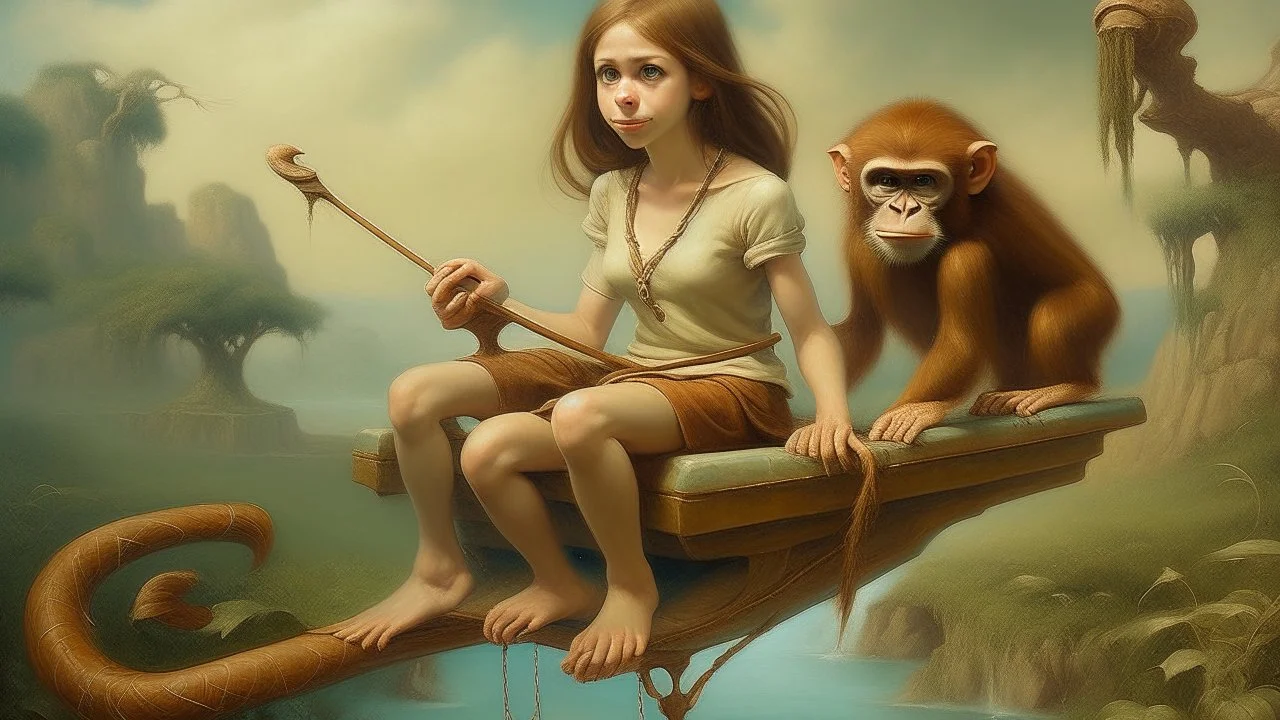 An oil painting featuring a monkey and a woman on a seesaw in a surreal landscape. The monkey, positioned on the left side of the seesaw, is depicted with human-like features, including a ruff around its neck. It has light brown skin and a long, curled tail. The woman, on the right side, is fair-skinned with auburn hair pulled back in a bun. She wears a long, flowing orange dress. The seesaw itself is made of metal and appears old and slightly rusted, with intricate designs on the central suppor