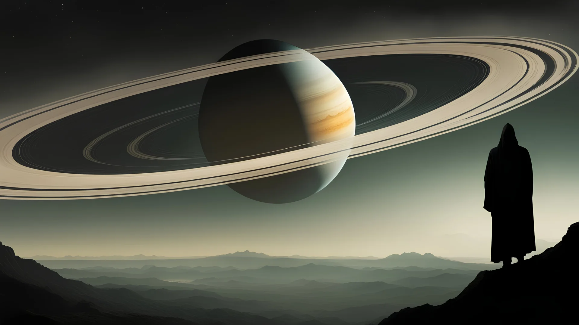 A shadowy figure cloaked in an aura of mystery stands before an expansive view of Saturn, with its rings illuminated against the dark void of space. The figure's eyes reflect a haunting knowledge, and ghostly threads seem to connect him to the celestial giant, symbolizing a deep, otherworldly bond