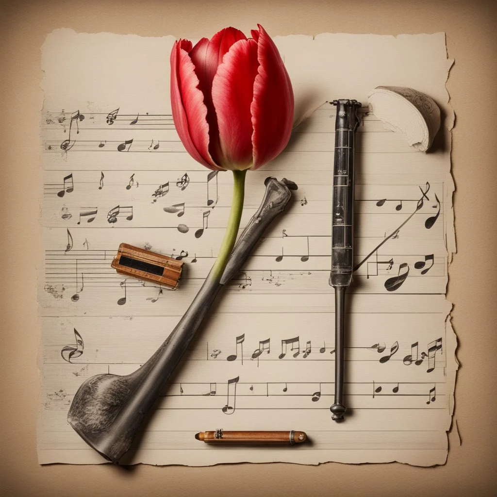 Hyper realistic red tulip on the side of a vintage paper with harmonica instrument & small musical notes