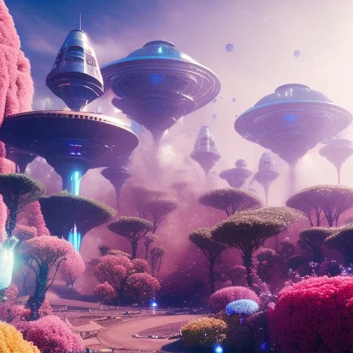 Spaceship landed on futuristic planet, sunny day. clear blue sky, cascade, flowers. Elegant. Extremely detailed. Award winning photography. Fantasy. 8k. Cinematic lighting. Photorealistic. Dynamic lighting. Imperial colors. Crisp quality. Unreal Engine. Colourful cinematic postprocessing. Pixar. VRay.