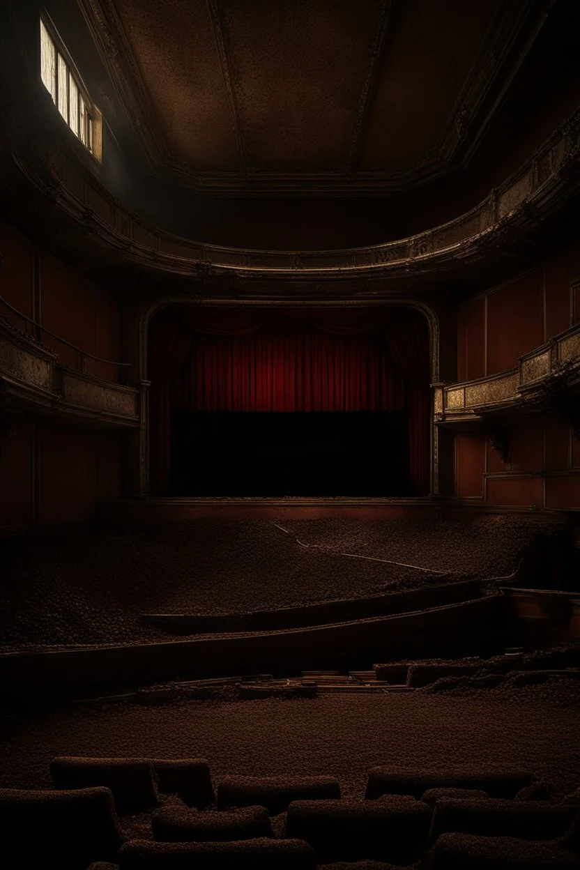 "A very old cracked dirty abandoned theater with damaged stage and ripped curtains , ,insanely detailed octane render trending on artstation, 8k artistic photography, photorealistic concept art, soft natural volumetric cinematic perfect light, chiaroscuro, award-winning photograph, masterpiece, oil on canvas, Raphael, Caravaggio, Greg Rutkowski, people, beksinski, Giger