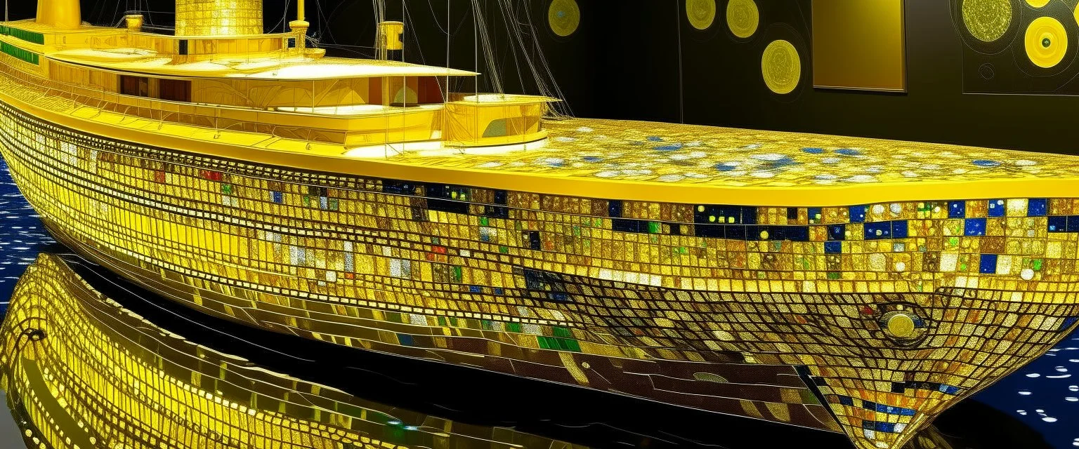 A yellow shining light yacht painted by Gustav Klimt