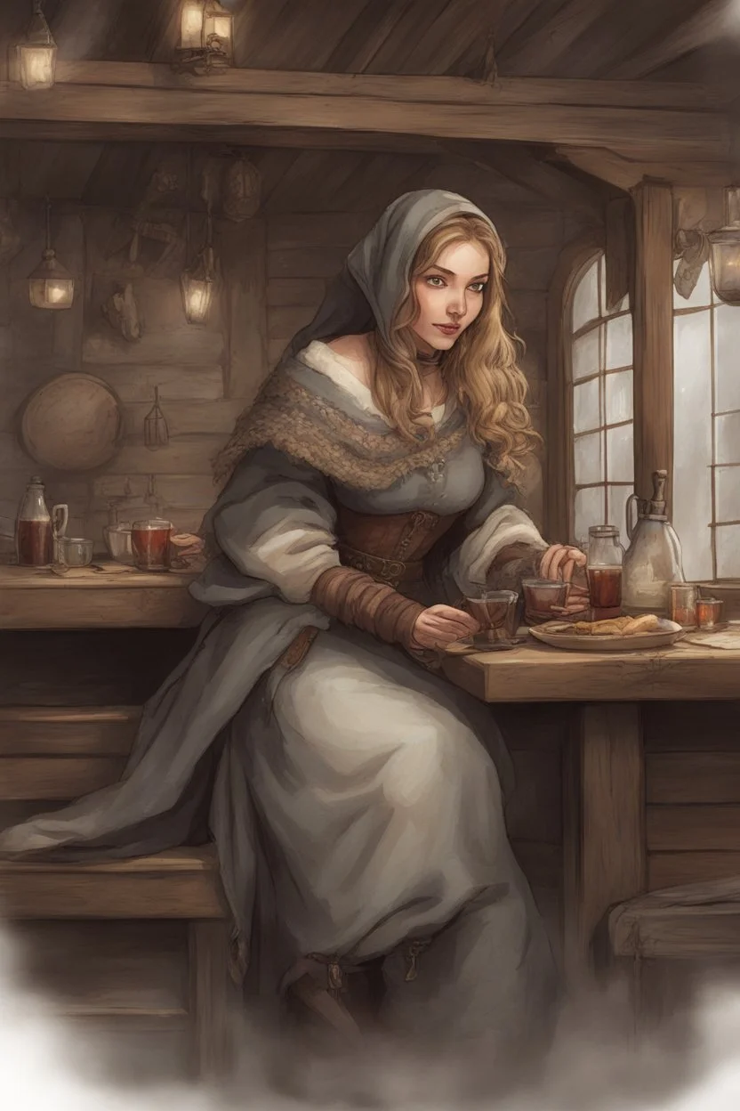 DnD style, medieval beautiful woman dressed in warm winter clothes sitting in a tavern