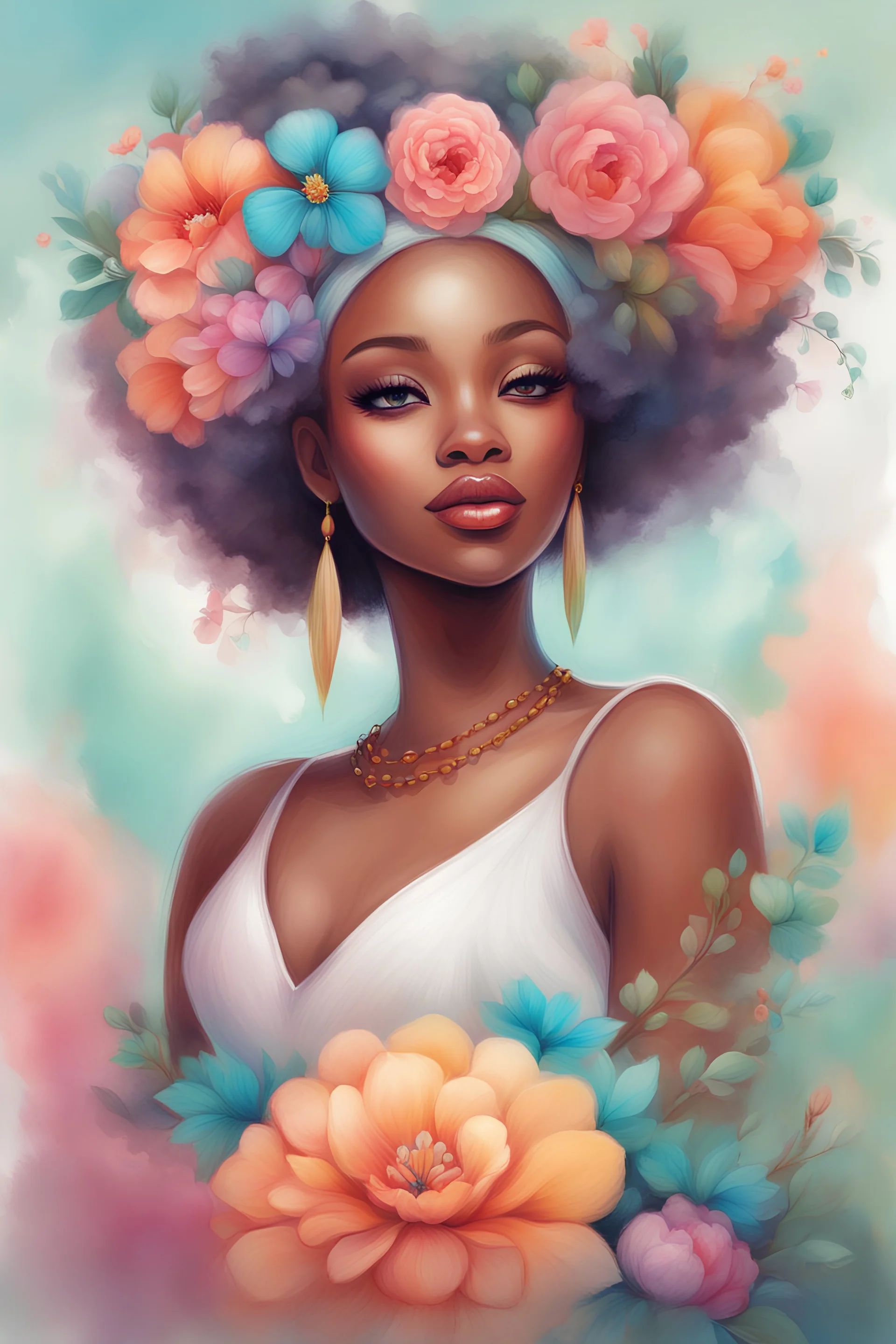 a painting of an African American woman with flowers in her hair, rossdraws pastel vibrant, beautiful fantasy art portrait, by Jeremiah Ketner, beautiful fantasy portrait, girl in flowers, woman in flowers, beautiful anime portrait, inspired by Anna Dittmann, colorful watercolor painting, watercolor detailed art, vibrant watercolor painting, exquisite digital illustration, by Anna Dittmann, stunning anime face portrait