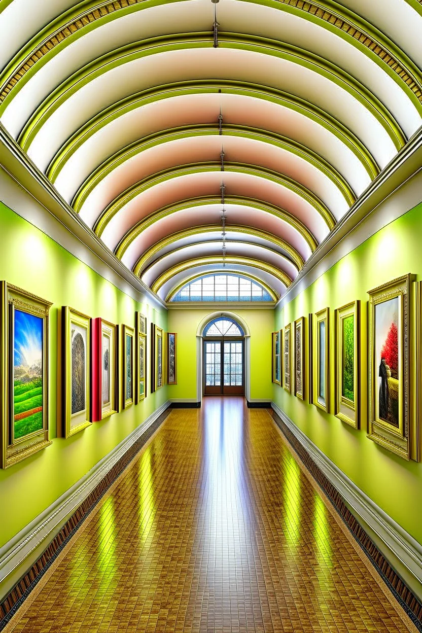 3D-shot A hall for displaying art paintings in an oval shape, and there is an oval wall in the middle of the hall, and the paintings are hanging on the walls