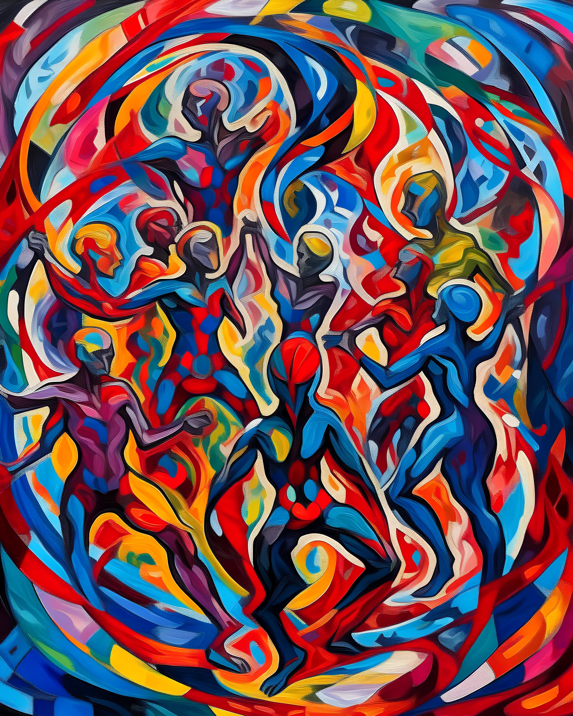 A vibrant kaleidoscope of intertwined human figures, depicting the interconnectedness of the human experience, in the style of abstract figurative art, bold brushstrokes, vivid colors, and energetic movement, influenced by the works of Francis Bacon and Egon Schiele, expressing the beauty of unity in diversity and shared experience.