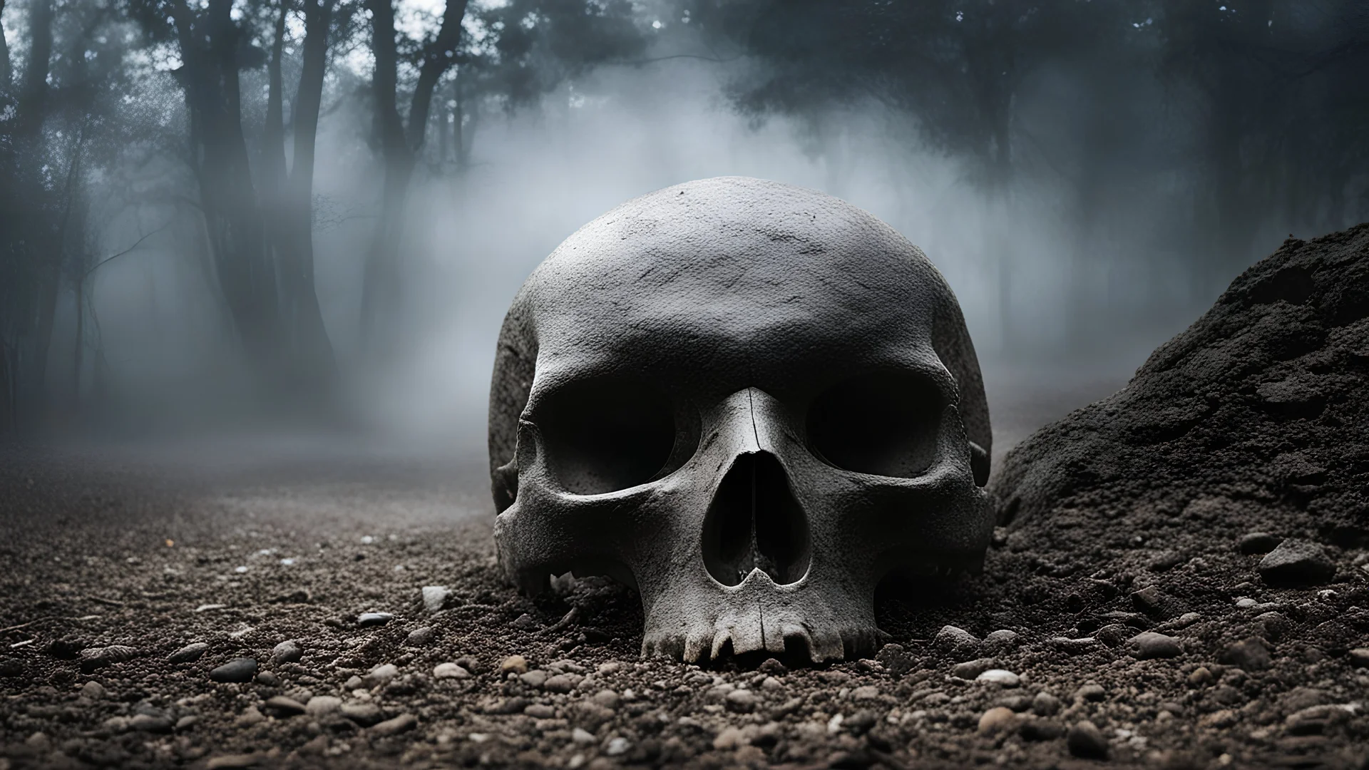 Skull, Stone ground, mist, glowing eyes