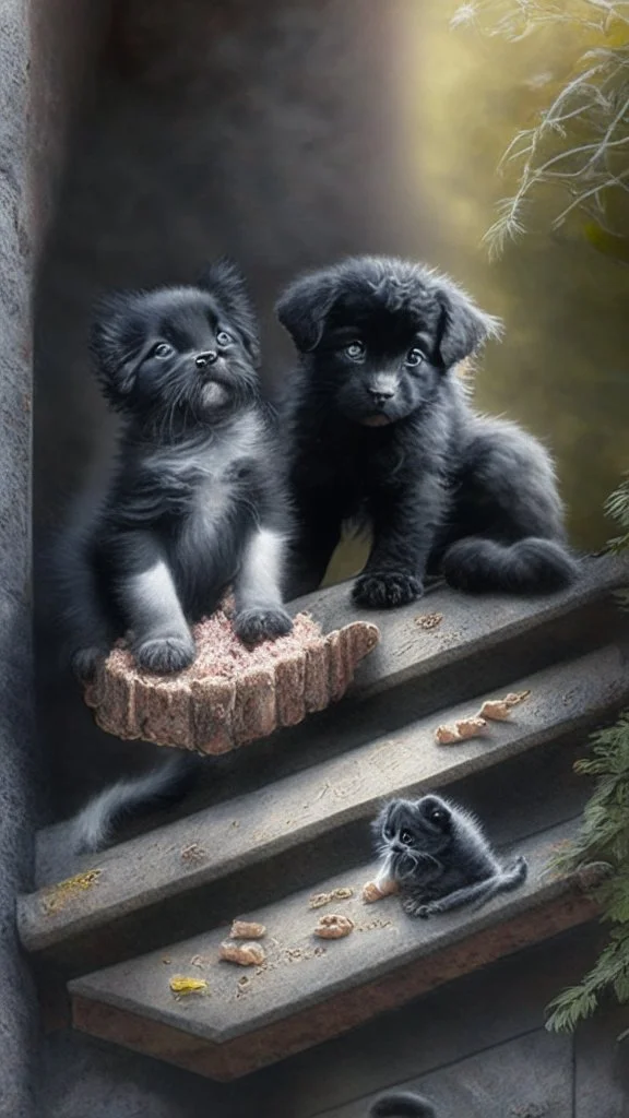 A shaggy black puppy dog with a white belly, a gray kitten, a three color kitten eating salami on a stone stairway in the woods