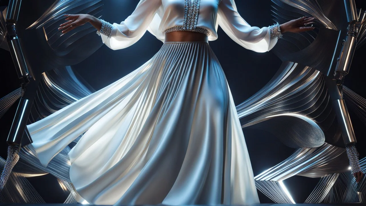 a 3d fractal stage structre made of metallic dark color 3d structures, pertty artistc background,dynamic lights,a beautiful lady in pretty maxi skirt and blouse dancing on stage