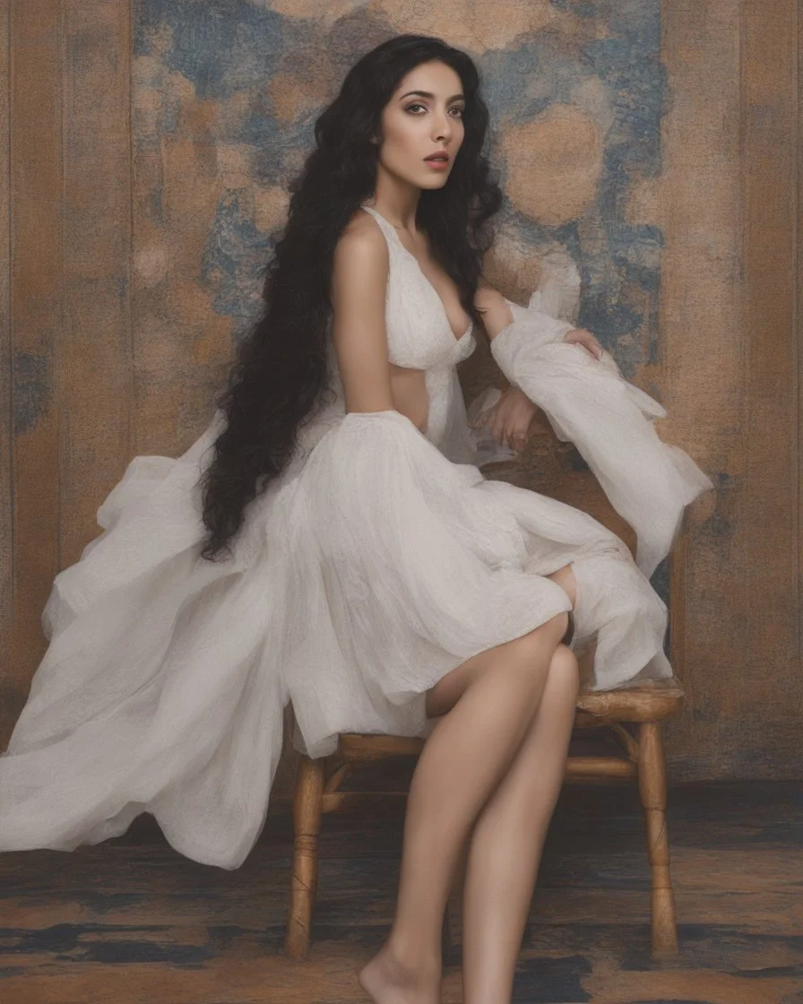 Masterpiece, fine art, award winning, eye candy in the style of gustav klimt , (Suhaila Ben Lachhab::Heidi Moussa:1.5) in breathtaking piece that emphasizes the stunning cheek bones, texturized black hair, (cottagecore aesthetic with extreme sensuality, Irresistible with (porcelain skin, (sitting on an old chair:18),high detail,perfect blending, the chair is used to create a golden center ratio of the centered image, Conceptual art, Neoclassicism,