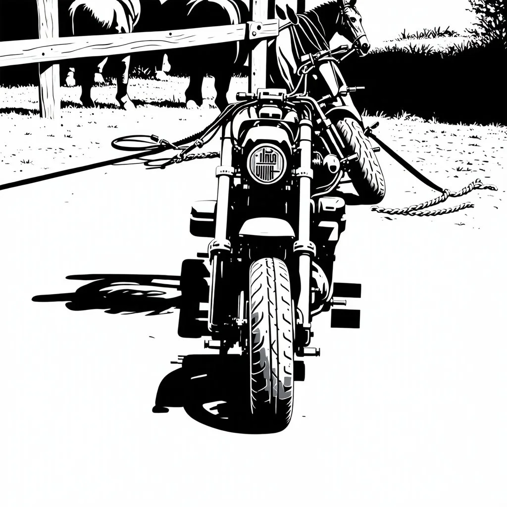 a harley davidson pan america 1250 motorcycle, next to a Indian Springfield Dark Horse motorcycle. next to a horse who's facing away and tied by the reins to a wood railing. white background. dirt ground. silkscreen style image