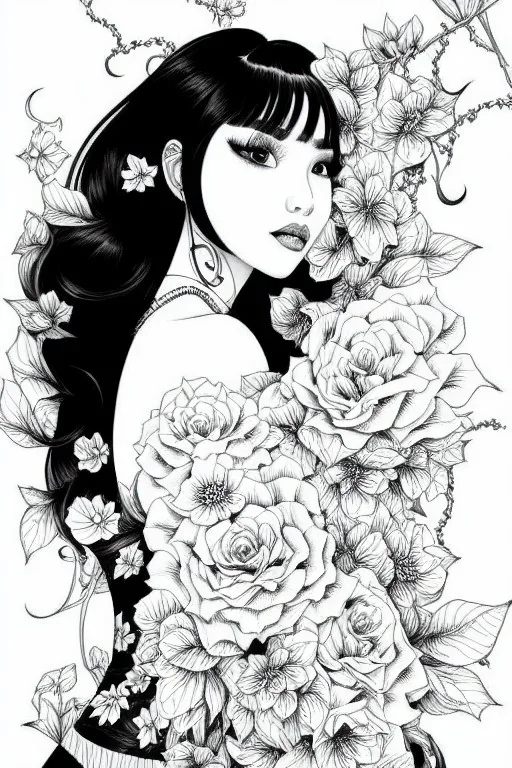 hyper detailed, black and white, thick line, coloring book illustration, lineart, stunningly beautiful asian woman in flowers, jim lee