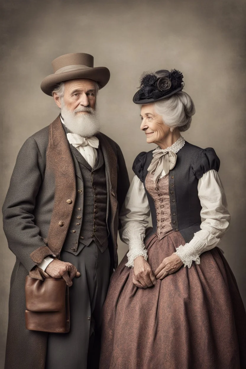 elderly married couple dressed in 19th century attire