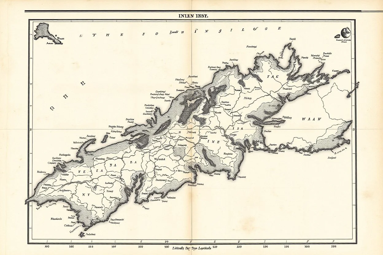an old and weathered map that was printed in black and white of an inland section, no words or text, with latitude and longitude lined