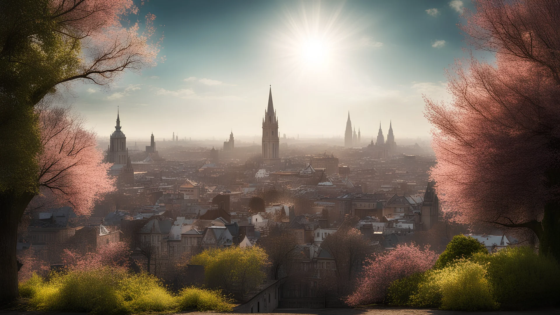 calm beauty, fantasy, magic, splendor, uplifting, inspiring, therapeutic, 1865 cityscape, springtime, sunlight, chiaroscuro, color, award-winning colour photograph, Nikon 85mm