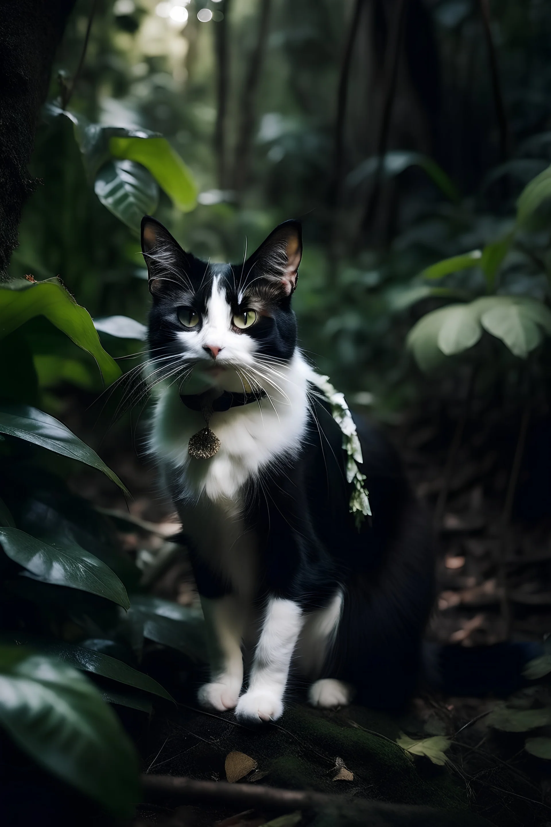 svart og hvit katt i junglen kledd som en eventyrer