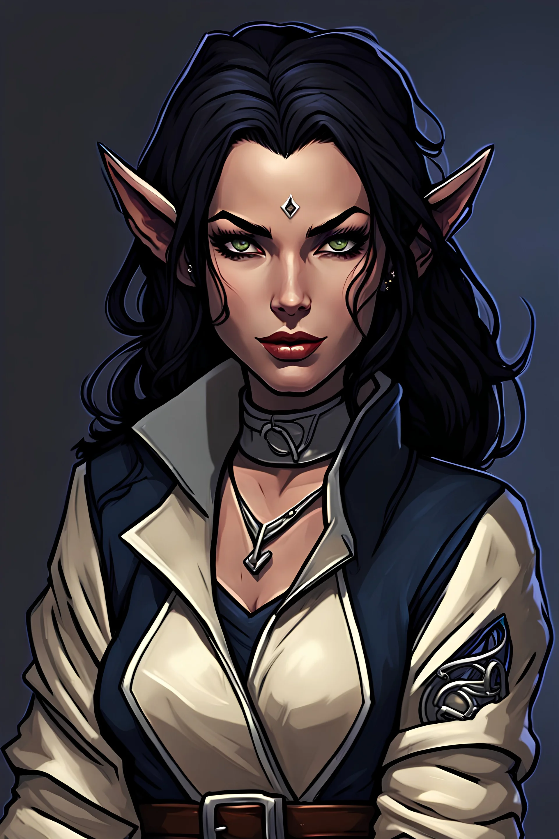 female tiefling rogue with shoulder length dark hair. The dark hair contrasted and complimented her soft facial features. Below her left eye there is a tattoo of fine lined design that looks like a solid line. She had a fashionable yet practical jacket of a midnight blue overtop a silver steel chest plate and underneath it all a modern cut of mage robes the color of cream with ornate blue edging.