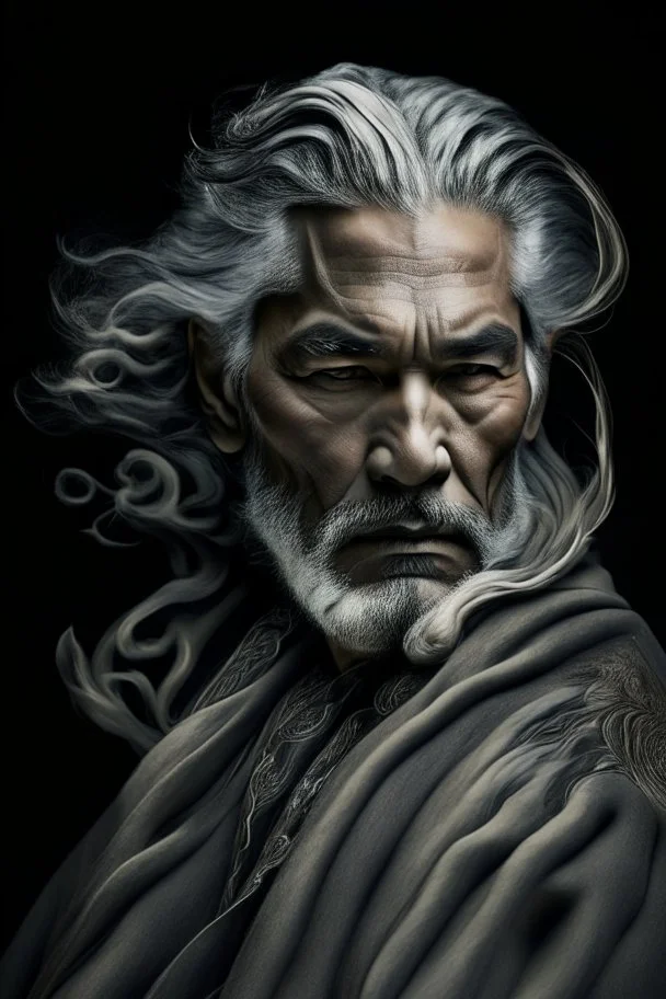 a photo of an Caiucasian man with ethnic jewelry, grey hair and grey flowing robe, in style of Annie Leibovitz, contemporary portrait of a mature yet beautiful and modernist man, black and grey, detailed masculine face, swirling fluid smokey enigma, award-winning artwork