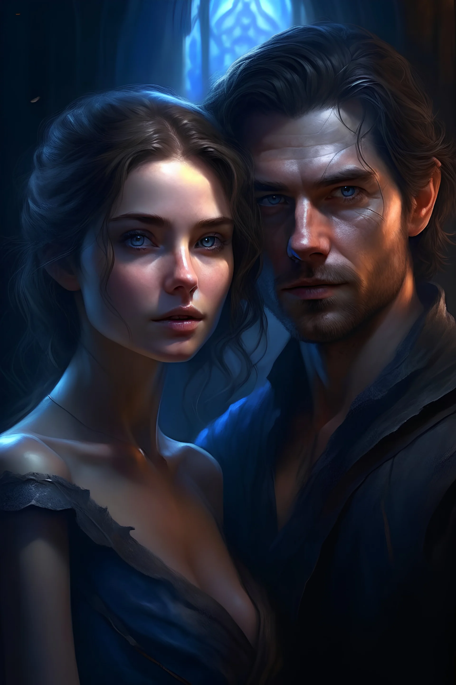 Beautiful Girl and Handsome Man, Dark Fantasy, Realistic Photo, High Detail, Digital Painting, Cinematic, Stunning, Hyper Realistic, Sharp Focus, 8k High Definition, by Greg Rudkowsky