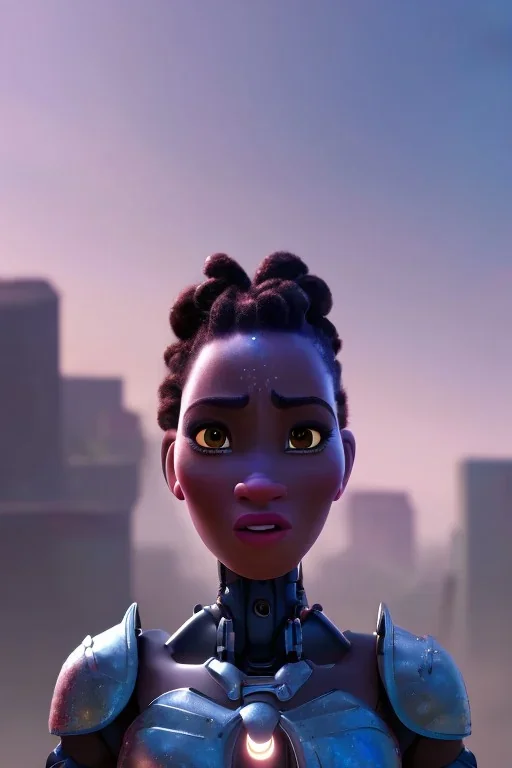 portrait,beautiful african robot, post-apocalyptic in a cyberpunk city, realistic, intriacte detail, sci-fi fantasy style, volumetric lighting, particales,highly detailed,cinamatic, deep colour,8k